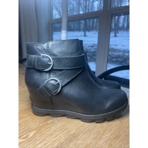 Sorel Joan of Arctic Wedge Buckle Black Leather Boot Bootie Waterproof Size 10.5